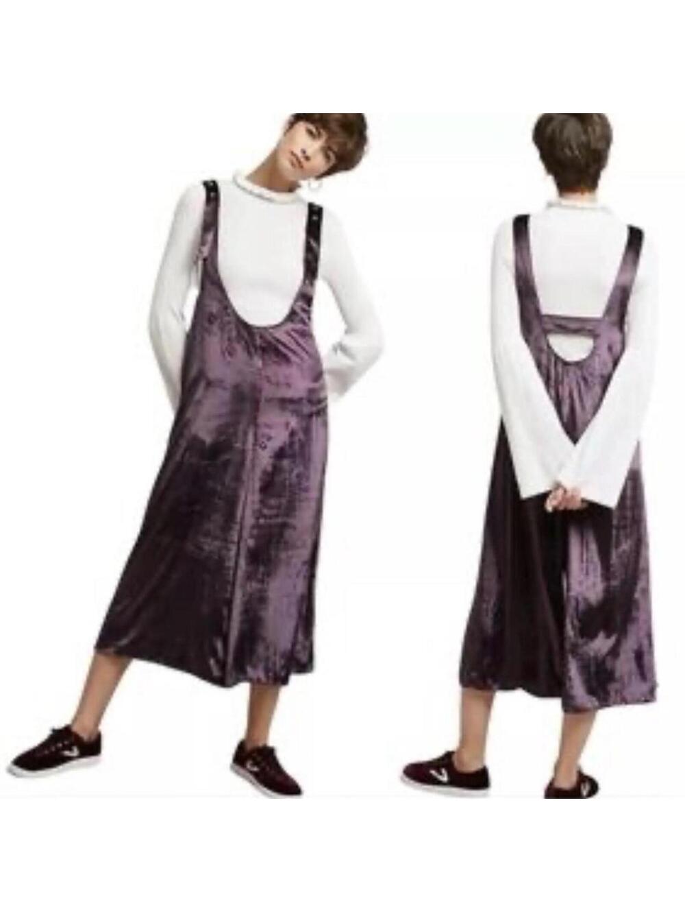 Anthropologie Maeve purple crushed velvet suspender wide leg jumpsuit overalls